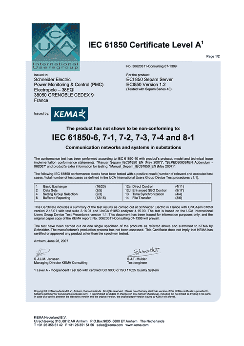 Podgląd Certyfikat IEC 61850 Sepam 20