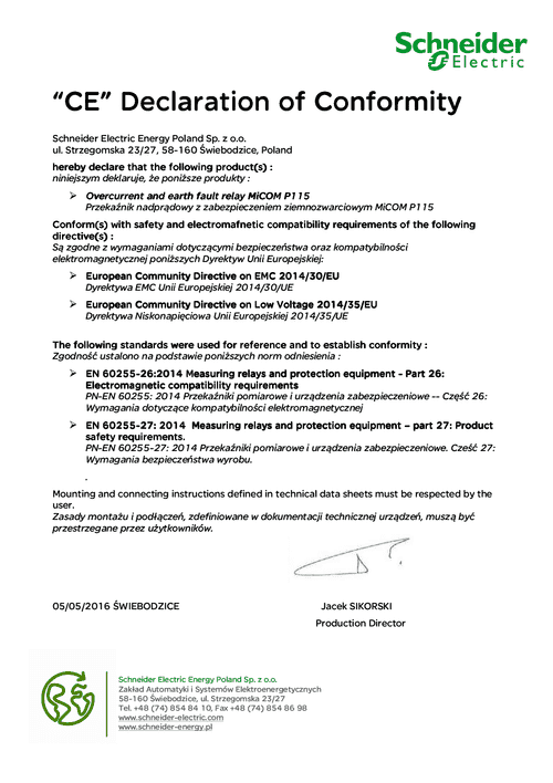 Podgląd Deklaracja zgodności MiCOM P115