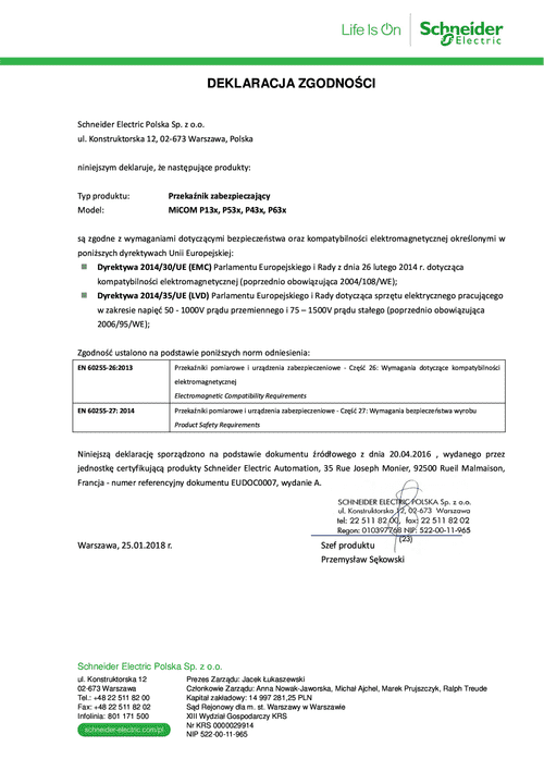 Podgląd Deklaracja zgodności MiCOM P13x, P53x, P43x, P63x