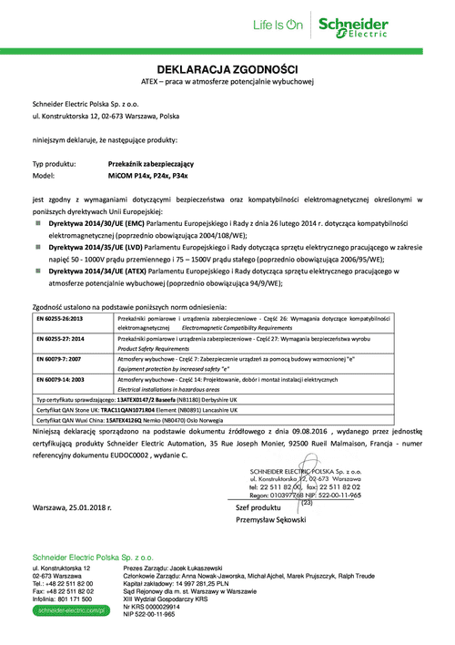 Podgląd Deklaracja zgodności ATEX MiCOM P14x, P24x, P34x